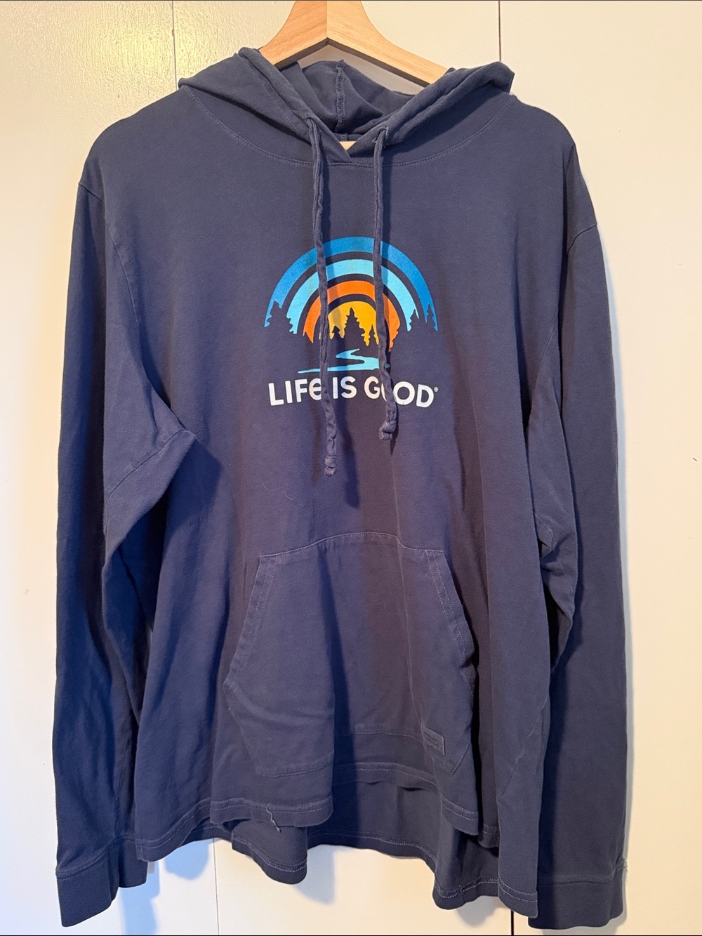 Life Is Good Navy Pullover Lightweight XXL Hoodie Sunrise Graphic Hiking Outdoor